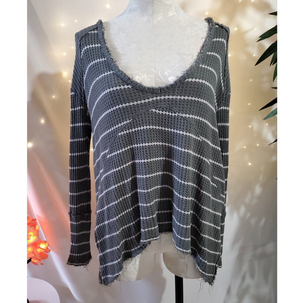 Free People Sunset Thermal Waffle Knit Sage Green Stripe Raw Hem Top Womens XS